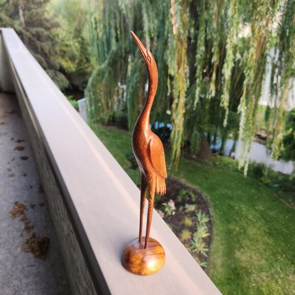 Hand-Carved Wooden Crane Sculpture – 13" Tall Elegant Bird Figurine - Picture 2 of 11